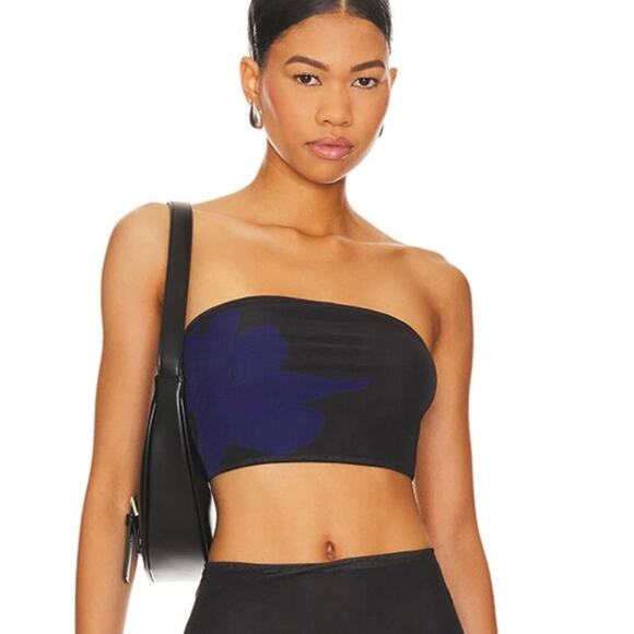 Superdown Poppy Bandeau Mesh Top Black Stretch‎ Blue Print Strapless Sz M - Picture 1 of 8